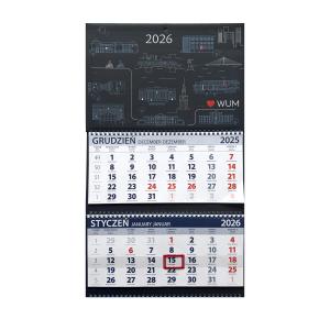 Wiszący kalendarz ścienny na rok 2026. Widoczne są dwie kartki: grudzień 2025 u góry i styczeń 2026 na dole. Na kartce styczniowej data 15 jest zaznaczona czerwoną ramką. Dni tygodnia i daty są wydrukowane w czerni, soboty w granacie, niedziele i święta w czerwieni. Nad kartkami znajduje się ciemne tło z grafiką budynków i logo WUM.