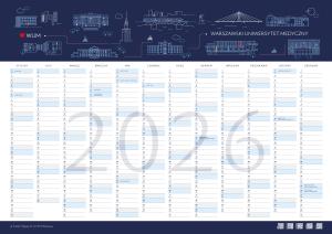 Kalendarz planer, duży arkusz papieru z kolorową grafiką na górze, na środku nadrukowane miesiące, dni oraz duży rok 2026.