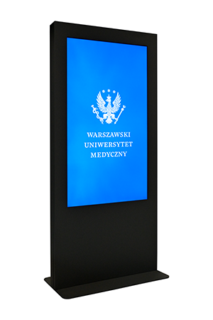 Czarny totem z niebieskim ekranem. Na ekranie biały logotyp WUM: biały orzeł i nazwa.